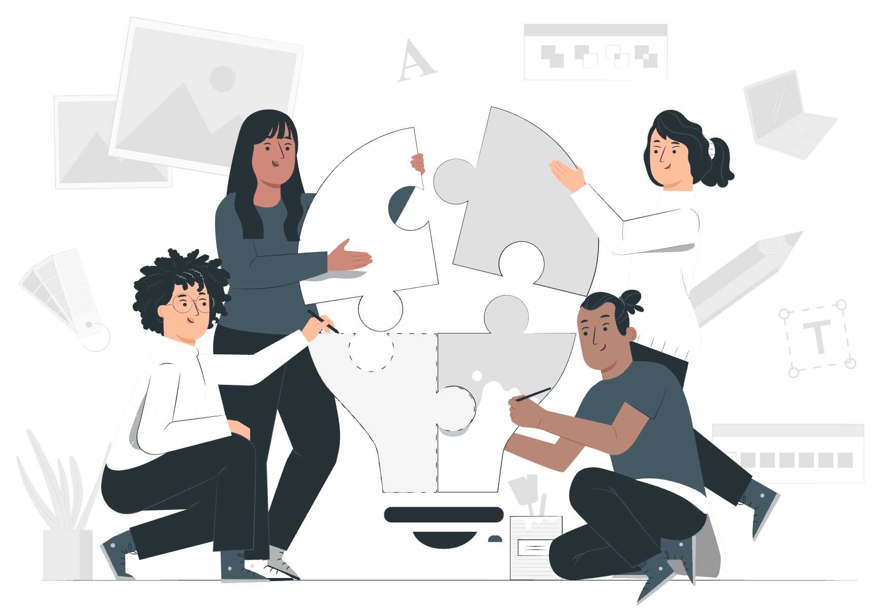 A diverse group of individuals collaborating to fit together a large puzzle piece, showcasing teamwork and problem-solving.