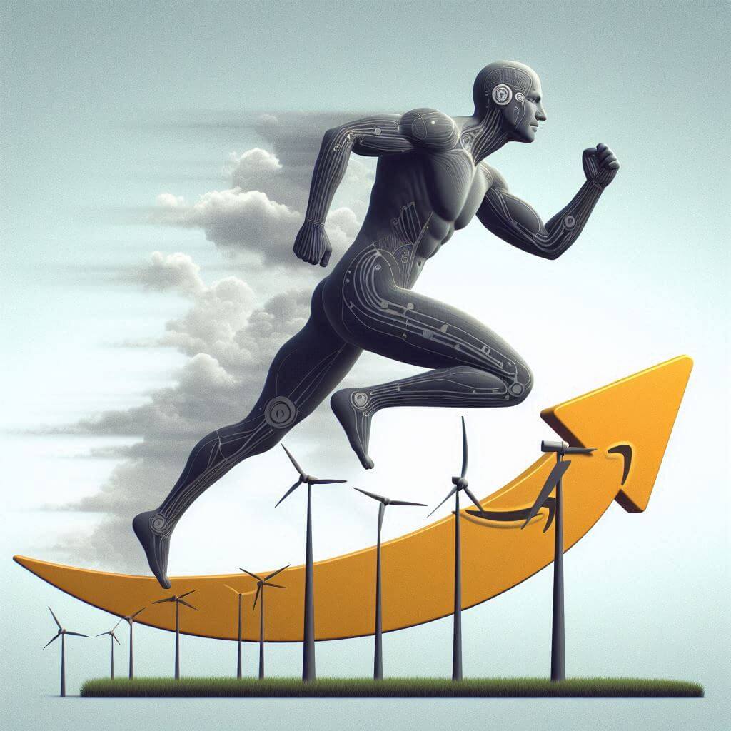 A man sprinting along a large arrow, with wind turbines spinning in the background, symbolizing renewable energy and progress.