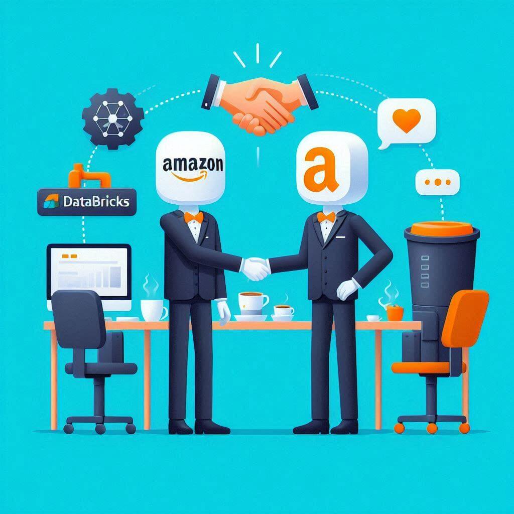 Two individuals shaking hands, each adorned with Amazon logos, symbolizing a partnership in AI innovation.