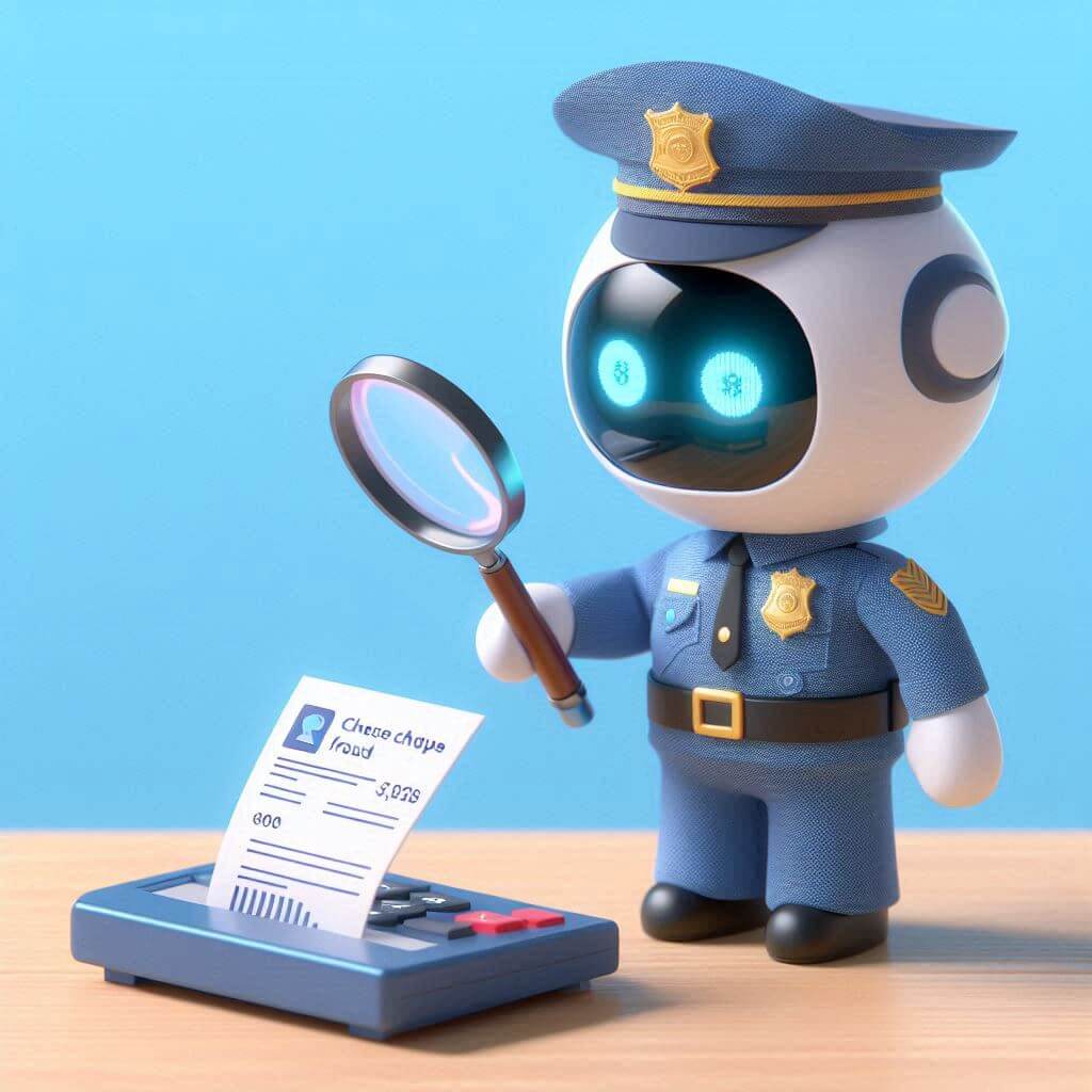 A robot examines a document with a magnifying glass, symbolizing AI's role in enhancing fraud detection and prevention.