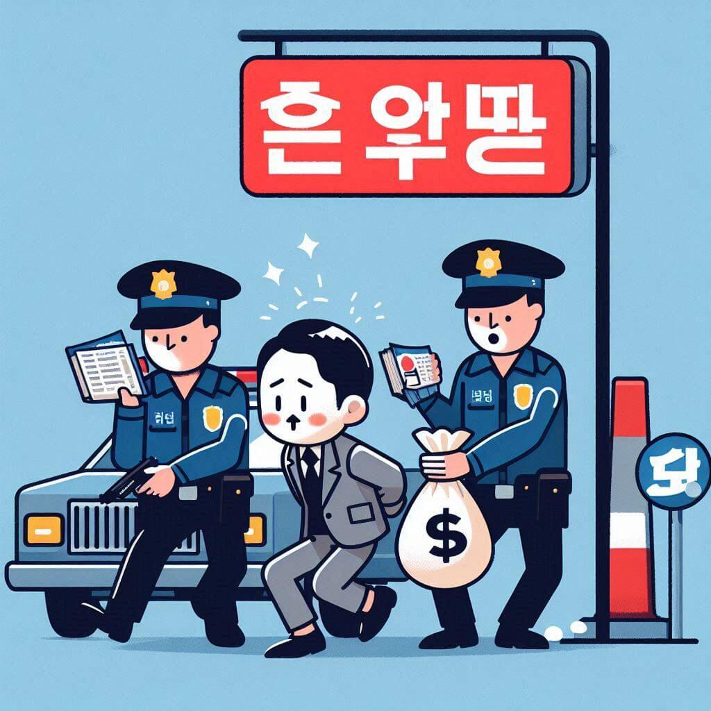 A cartoon depicting a man being arrested by police officers, symbolizing the crackdown on illegal short selling in South Korea.