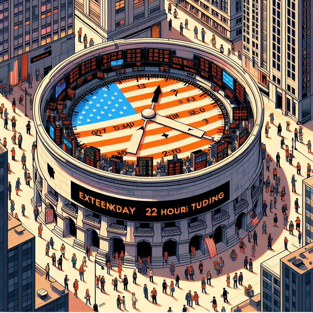 Promotional material for the New York Stock Exchange highlighting extended trading hours on the NYSE Arca equities exchange.