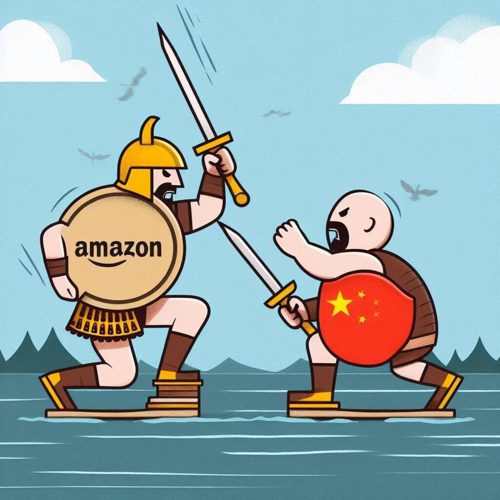 Two armored men wielding swords stand proudly, displaying a Chinese flag, symbolizing the Amazon vs. China Temu rivalry.
