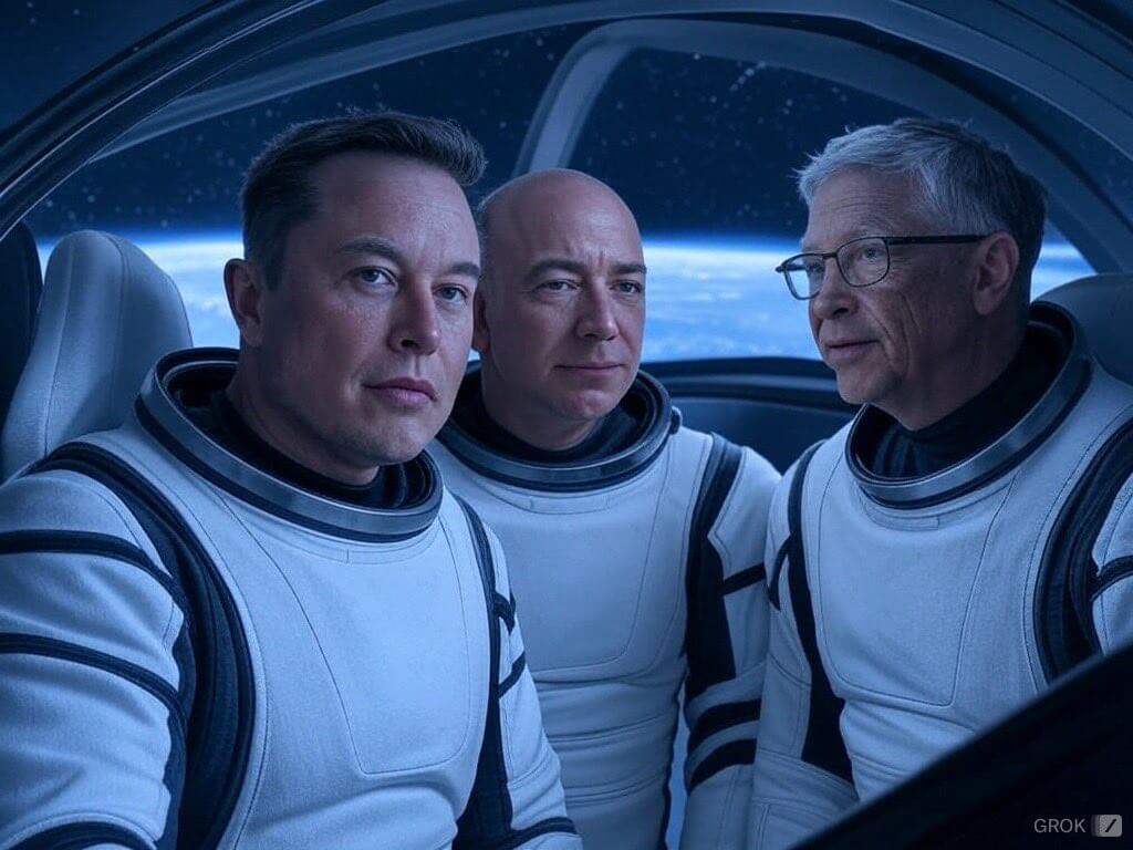 Three men in space suits seated inside a spaceship, showcasing the future of space exploration and technology.