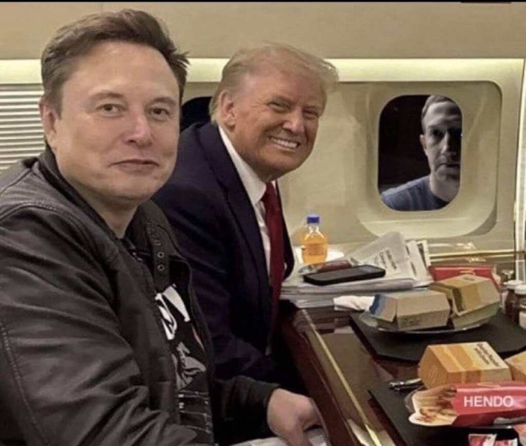 Donald Trump and Elon Musk seated together on a private plane with Zuckerberg taking a sneak peek through the window.