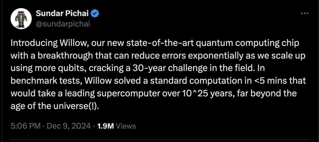 Sundar Pichai's tweet announces Google's milestone in quantum computing, showcasing a chip that solves problems in under 5 minutes.