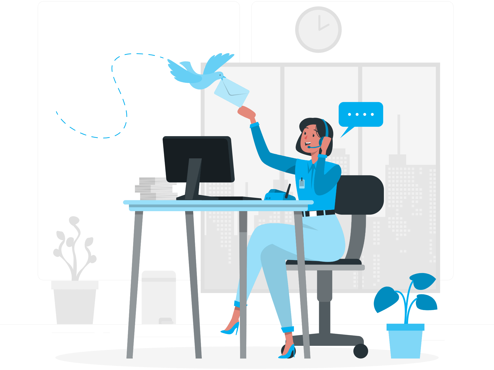 A woman at a desk releases a bird from her hand, symbolizing prompt and professional customer support responses.